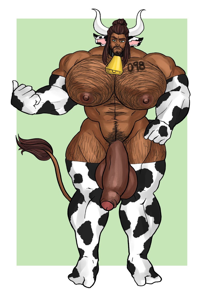 1boy abs bara biceps body_writing chest_hair cow_bell cow_boy cow_ears cow_print cow_tail cyanide_prince dark-skinned_male dark_skin elbow_gloves facial_hair foreskin green_eyes hairy hairy_legs hairy_male hi_res hyper hyper_muscles hyper_penis large_pectorals large_penis male male_focus male_only muscular muscular_arms muscular_male muscular_thighs nipples pecs pectorals penis pubes pubic_hair simple_background solo solo_male standing thick_thighs thighhighs thighs white_border