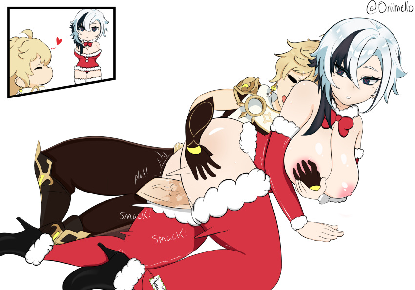 1boy absurdres aether_(genshin_impact) arlecchino_(genshin_impact) ass bad_source breasts clothed_sex female genshin_impact highres huge_ass large_breasts large_penis oriimello penis santa_costume thighs vaginal_penetration wings