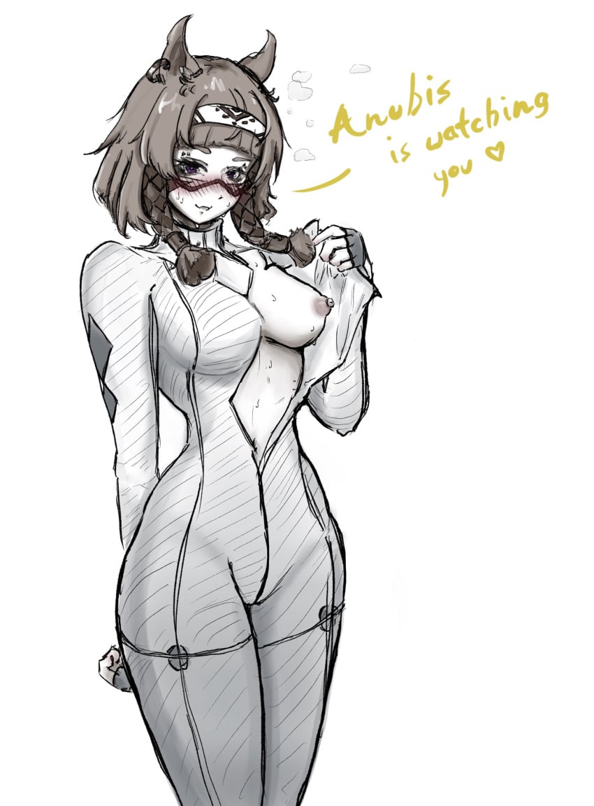 blush blushing_face blushing_female bodysuit ear_piercing exposed_breast exposing female female glasses hair_accessory hair_band jackal meredith_(strinova) open_bodysuit showing_breast strinova text