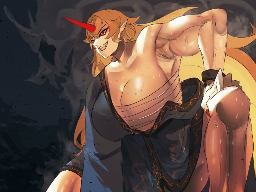 1girls armpits big_breasts blonde_hair breasts breasts_bigger_than_head clothed clothed_female color colored female female_only horn hoshiguma_yuugi huge_breasts kimono large_breasts light-skinned_female light_skin long_hair muscular muscular_female naufaldreamer oni oni_female oni_horns pointy_ears sarashi sole_female solo solo_female sweat sweatdrop sweating thick_thighs thighhighs thighs touhou very_long_hair yokai youkai