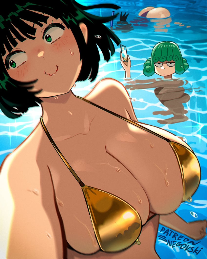 2boys 2girls bikini breast_envy dumptruck_ass fat_ass fat_breasts flat_belly flat_chested fubuki_(one-punch_man) large_breasts one-punch_man photo pool saitama snegovski speed-o'-sound_sonic tatsumaki trying_not_to_laugh wet_body