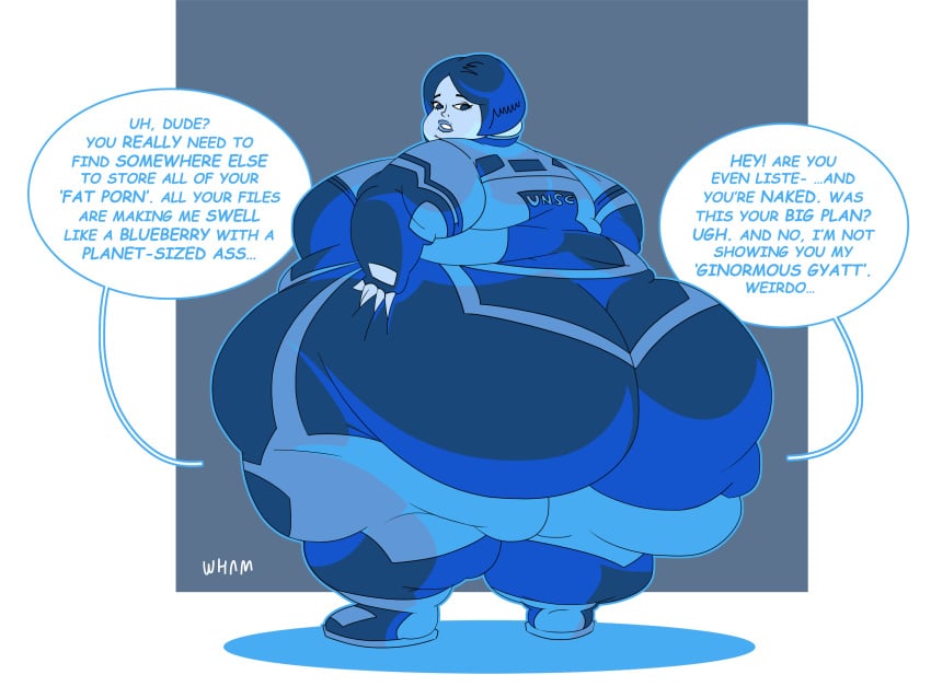 bbw blue_hair blue_skin body_inflation cortana halo_(series) halo_infinite hand_on_ass hand_on_butt hand_on_hip hologram huge_ass huge_breasts huge_thighs inflation looking_at_ass looking_back massive_thighs obese obese_female sinking_into_flesh the_weapon_(halo_infinite) weight_gain wide_hips