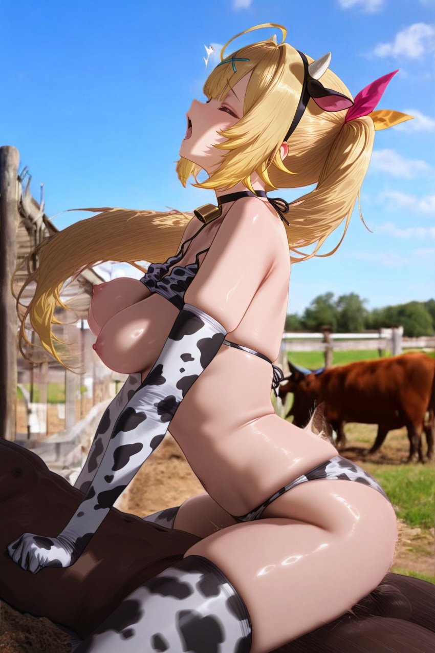 1girls ai_generated big_ass big_balls big_breasts big_butt big_penis cow_ears cow_print cowgirl_position hoshikawa_sara mikayori pink_eyes yellow_eyes