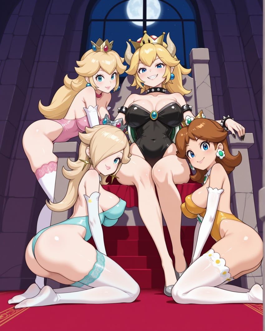 4girls ai_generated blonde_hair blue_eyes blush bowsette breasts brown_hair choker cleavage collarbone covered_navel crown earrings elbow_gloves female_only femdom harem indoors kneeling large_breasts leotard long_hair looking_at_viewer mario_(series) moon multiple_girls nail_polish night notreallyhere perky_breasts princess_daisy princess_peach princess_rosalina red_carpet sharp_teeth sitting smile spiked_collar super_mario_bros. thighhighs thighs throne