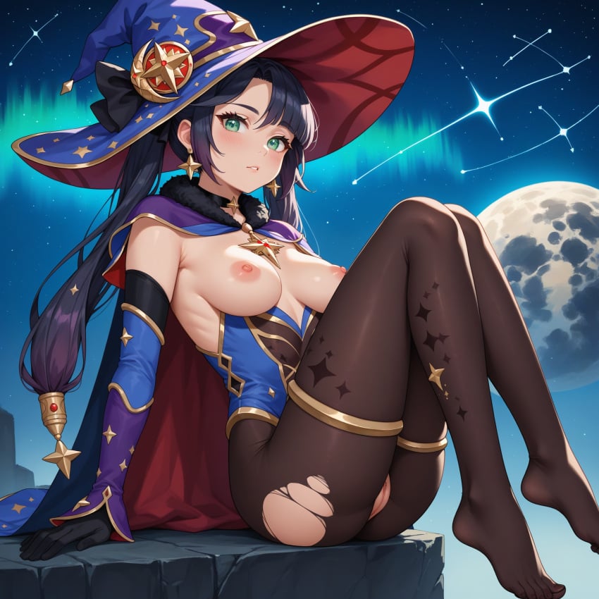 ai_assisted ai_generated dark_hair doctor_payne exposed_breasts feet female genshin_impact green_eyes leggings leotard mage mona_(genshin_impact) mona_megistus purple_hair pussy solo solo_focus stargazing stars thighlet torn_clothes twintails witch_hat