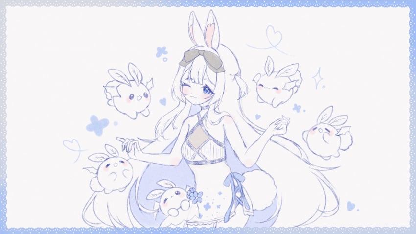 &gt;_&lt; ;) animal_ears bangs bare_arms bare_shoulders bikini blue_eyes blush breasts bunny bunny_ears closed_eyes closed_mouth diagonal_stripes eyebrows_visible_through_hair eyewear_on_head female hair_between_eyes hand_up hands_up heart long_hair looking_at_viewer one_eye_closed small_breasts smile solo star_(symbol) striped striped_background sunglasses swimsuit vertical_stripes very_long_hair virtual_youtuber vyugen yenko