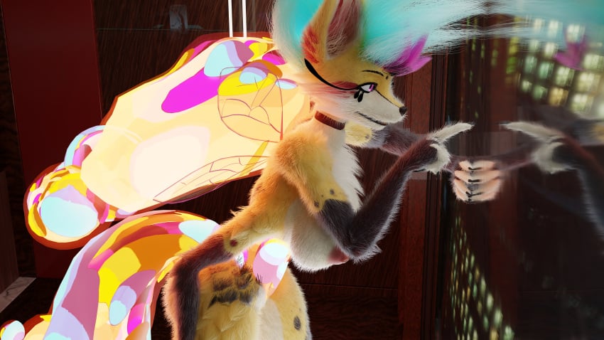 16:9 3d 4_arms absurd_res anthro arthropod bed bee blender_(artwork) blender_cycles blue_hair breasts canid canine claws digital_media_(artwork) female fingerless_(marking) fingerless_gloves_(marking) fluffy fox fur furniture gesture gian800 gloves_(marking) hand_gesture helluva_boss hi_res hybrid hymenopteran insect_wings insects looking_outside mammal markings multi_arm multi_limb night nipples pink_eyes pointing queen_bee-lzebub_(helluva_boss) solo standing tail widescreen wings yellow_body yellow_fur