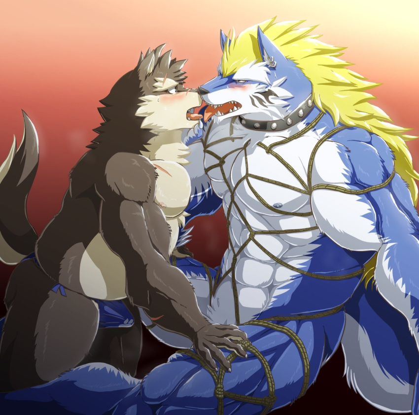 bondage bound canine clothing collar cygni erection fenrir_(tokyo_afterschool_summoners) fundoshi gay japanese_clothing kissing male male_only mammal mohawk moritaka muscular nude rope slightly_chubby tattoo tenting tokyo_afterschool_summoners tongue underwear wolf yaoi