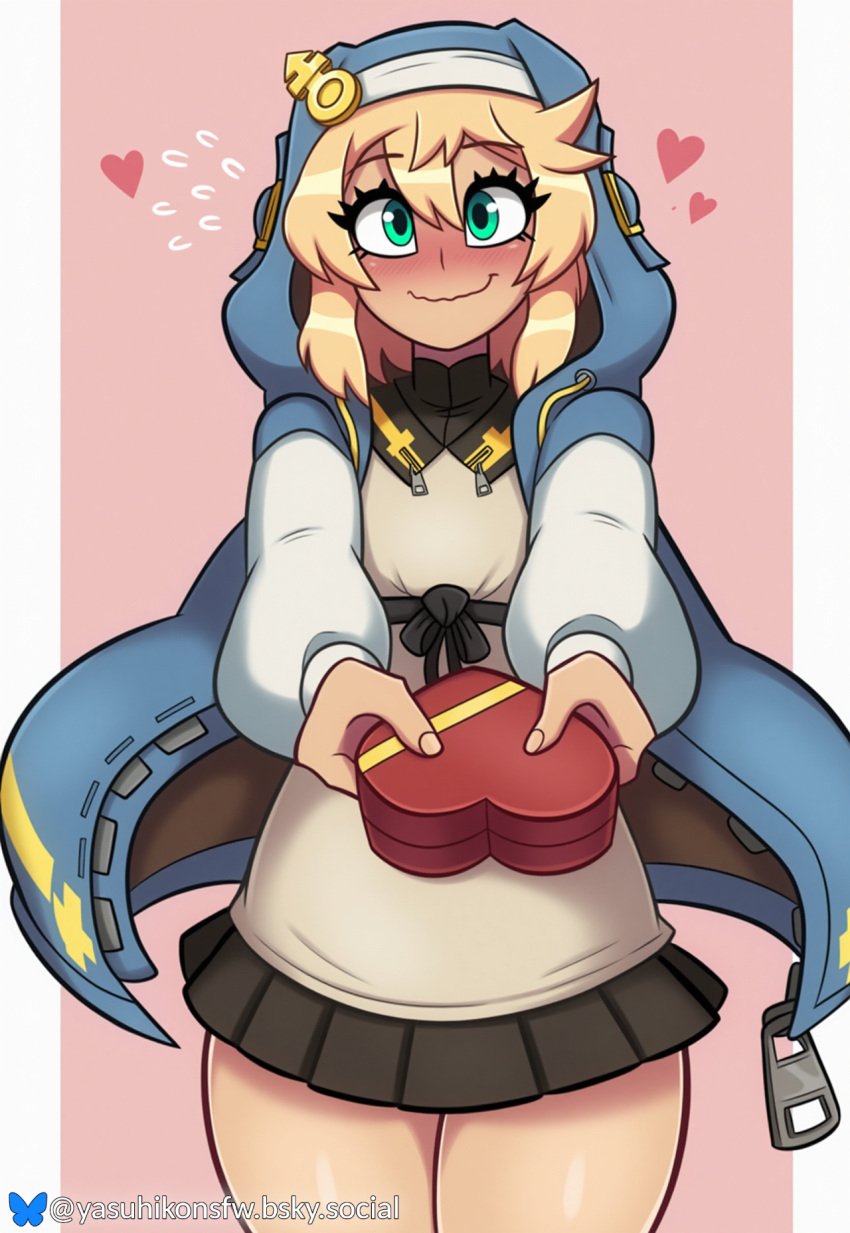 1dickgirl 1girls ai_generated androgyne_symbol blonde_hair bluesky_logo bluesky_username blush blushing_at_viewer blushing_female bridget bridget chocolate_box gift green_eyes guilty_gear heart hoodie self_upload skirt standing sweatdrop trans_woman valentine's_day yasuhikonsfw zipper