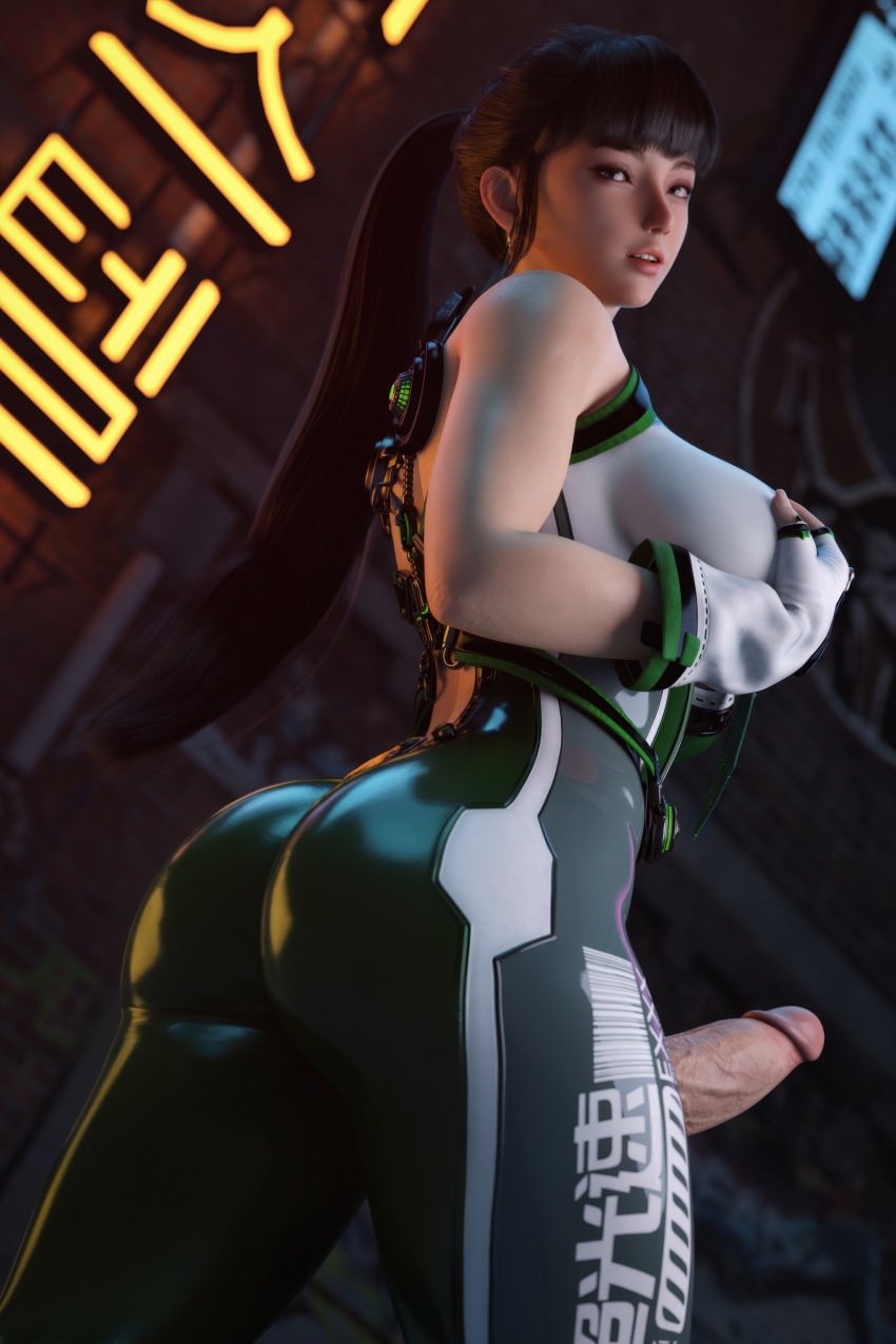 1futa 3d ass big_ass big_breasts big_penis black_hair bodysuit breasts erect_penis erection eve_(stellar_blade) futa_only futanari hand_on_breast hi_res light-skinned_futanari long_hair looking_at_viewer low-angle_view outdoors penis ponytail seductive solo solo_futa standing stellar_blade stevencarson tight_clothing