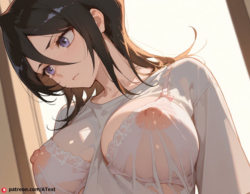 ai_generated bra_visible_through_clothes breasts chart flowing_hair gigantic_nipples huge_nipples kuchiki_rukia large_breasts nipple_outline streaming_tears