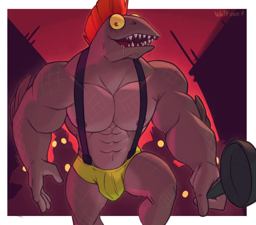 abs anthro anthrofied areola areola_slip bodily_fluids bulge chum_(splatoon) clothed clothing cookware drooling fin fish frying_pan hair hi_res holding_frying_pan holding_object kitchen_utensils male male_only marine mohawk muscular muscular_anthro muscular_male nintendo open_mouth pecs red_eyes red_hair saliva salmonid_(splatoon) sharp_teeth solo splatoon suspenders teeth tools underwear wolf_con_f