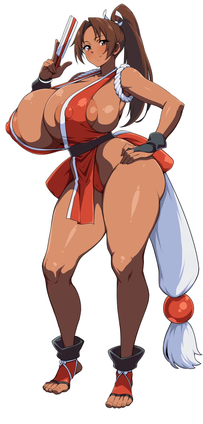 artist_name breasts brown_eyes brown_hair cleavage dark-skinned_female dark_skin exposed_nipples folding_fan full_body hand_fan hand_on_own_hip huge_breasts huge_nipples king_of_fighters large_areolae large_breasts long_hair looking_at_viewer nipple_slip nipples no_bra open_clothes ponytail puffy_nipples shiranui_mai signature smile standing street_fighter street_fighter_6 sweat tagme thick_thighs thighs unzipping zipper