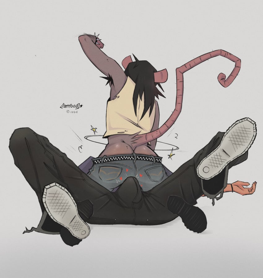 anthro anthro_on_human ass black_hair bulge bulge_through_clothing clothed femdom fist imminent_sex morgan_(rattfood) raised_fist raised_tail rat rat_ears rat_girl rat_tail rattfood white_background