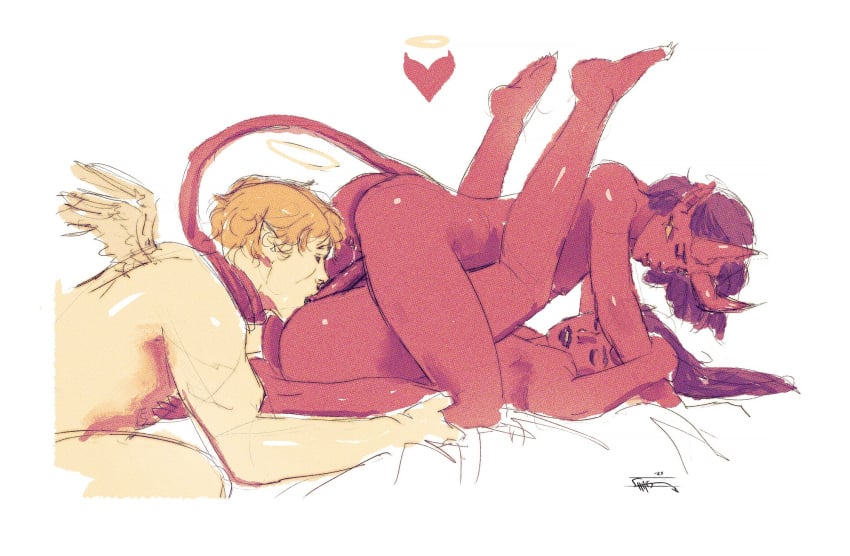 1boy2girls 2demons angel angel_boy chris_shehan demon demon_girl halo horns on_bed pale-skinned_male red_skin tail tail_wrapped threesome