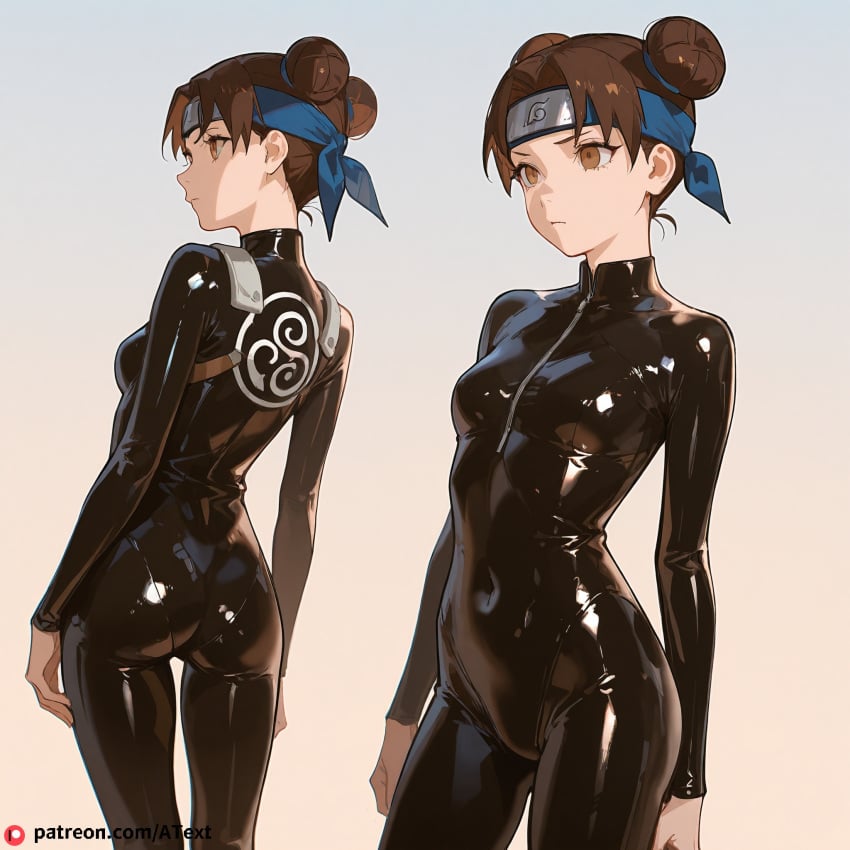 ai_generated brown_eyes brown_hair crouching double_bun forehead_protector konohagakure_symbol latex_bodysuit laughing model_sheet naruto naruto_(classic) short_hair small_breasts tenten tenten(genin) tenten_(naruto)