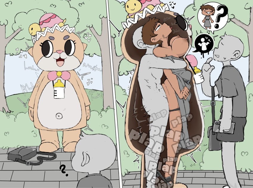 1boy 1girls ahe_gao baecohn chiitan fucked_silly hidden_sex mascot_costume mascot_suit public_sex rolling_eyes standing standing_sex tongue_out