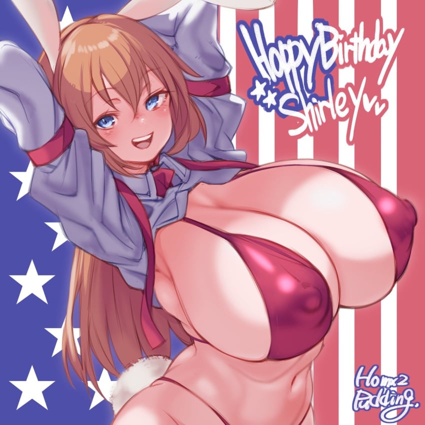 american_flag animal_ears arms_behind_head bikini blue_eyes breasts charlotte_e._yeager cleavage covered_nipples female highres huge_breasts looking_at_viewer navel open_mouth orange_hair puddinghomhom rabbit_ears red_bikini smile solo strike_witches swimsuit teeth tongue upper_body upper_teeth_only world_witches_series