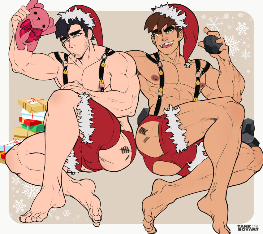 2boys abs ass bara barefoot biceps body_markings bulge christmas coal feet gay harness hi_res holding holding_object male male_focus male_only muscular muscular_arms muscular_male muscular_thighs nipples original_character pecs pectorals presents santa_hat short_hair simple_background tankboyart teddy_bear thighs tongue tongue_out white_border yaoi