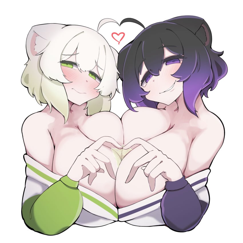 2girls absurd_res ahoge animal_ears big_breasts black_hair blush breast_press breasts breasts_bigger_than_head breasts_squeezed_together cleavage clothed_female clothing cute duo exposed_shoulders female ferret ferret_girl green_eyes green_highlights hair_between_eyes heart_symbol huge_breasts indie_virtual_youtuber juice laimu liemu lime_eyes liquid liquid_on_breast long_sleeves looking_at_viewer multicolored_hair off_shoulder pressing_breasts_together purple_eyes purple_highlights sae_art shirt_down short_hair sleeves smile sweater touching_breast two_tone_hair virtual_youtuber vtuber white_hair