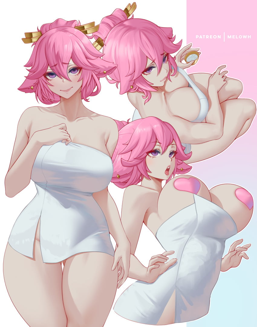 absurdres alternate_breast_size breasts closed_mouth female from_above genshin_impact hair_between_eyes heart_pasties highres large_breasts looking_at_viewer melowh multiple_girls naked_towel open_mouth pasties patreon_username pink_hair purple_eyes sitting standing thighs towel two-tone_background white_background yae_miko