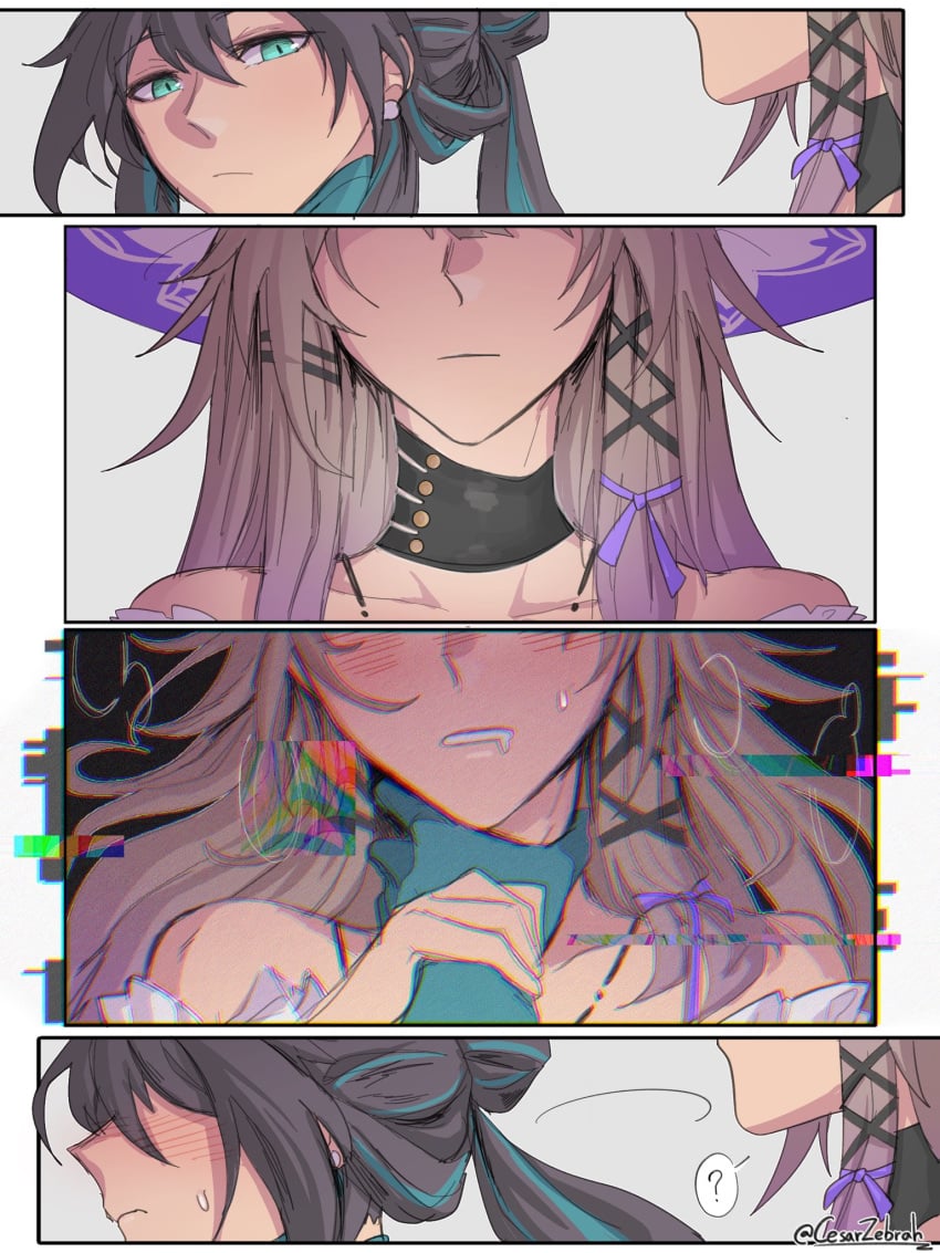 2girls black_hair blue_eyes blush blush brown_hair cesarzebrah choking comic embarrassed hair_accessory honkai:_star_rail honkai_(series) imagination intrusive_thoughts question_mark ruan_mei_(honkai:_star_rail) the_herta_(honkai:_star_rail) watermark yuri