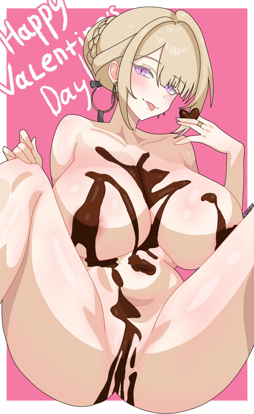 :p chocolate convenient_censoring convenient_censorship evelyn_chevalier half-closed_eyes huge_breasts looking_at_viewer seductive seductive_look spread_legs stars_of_lyra valentine's_day zenless_zone_zero