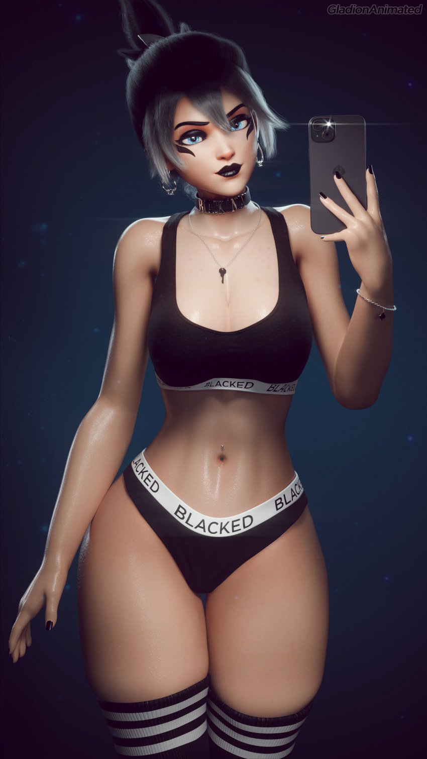 1girls 3d 3d_(artwork) asian asian_female black_hair black_nails blacked blacked_clothing blizzard_entertainment blue_eyes choker earrings female female_focus female_only gladionanimated goth jewelry key_necklace kiriko_(overwatch) light-skinned_female looking_at_viewer navel_piercing overwatch overwatch_2 painted_nails phone piercing qos queen_of_spades queen_of_spades_symbol solo solo_female solo_focus stockings wide_hips