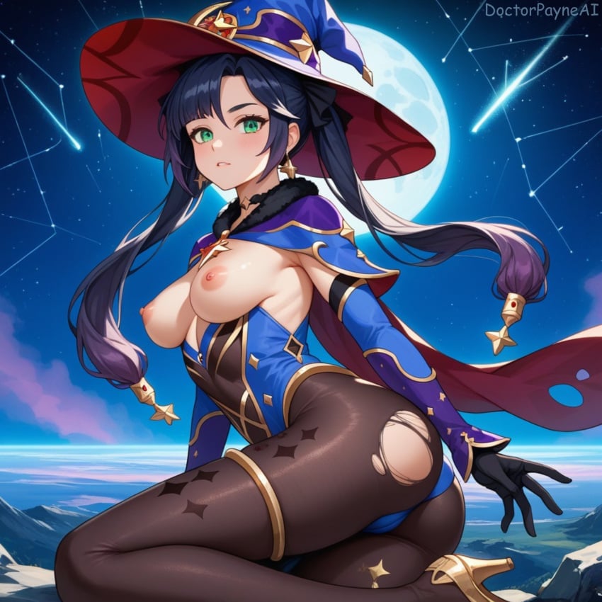 ai_assisted ai_generated dark_hair doctor_payne exposed_breasts female genshin_impact leggings leotard mage mona_(genshin_impact) mona_megistus purple_hair solo solo_focus stargazing stars thighlet torn_clothes twintails witch_hat