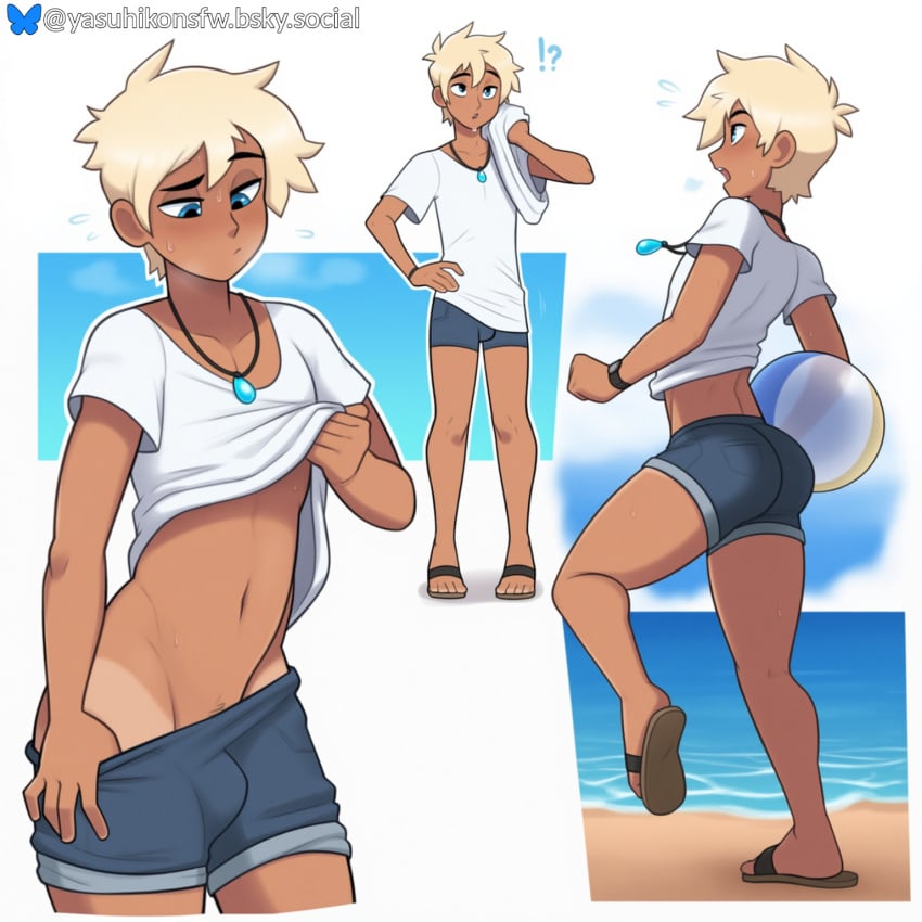 1boy ai_generated beach belly_button blonde_hair blue_eyes bluesky_logo bluesky_username bubble_butt bulge character_sheet feet femboy legs midriff navel necklace oc ocean running sandals self_upload shirt shirt_lift shorts shorts_pull simple_background skinny standing sweating tan_body tan_skin tanlines toes twink undressing yasuhikonsfw