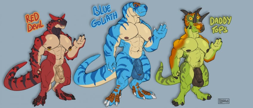 abelisaurid anthro balls big_balls big_penis biped blue_body carnotaurus ceratopsian claws countershade_tail countershade_torso countershading dinosaur fingers foreskin genitals green_body group hi_res humanoid_genitalia humanoid_penis lddraws male muscular muscular_anthro muscular_male ornithischian pecs penis prehistoric_species red_body reptile scalie striped_body stripes tail theropod trio tyrannosaurid tyrannosauroid tyrannosaurus tyrannosaurus_rex vein veiny_penis xenoceratops