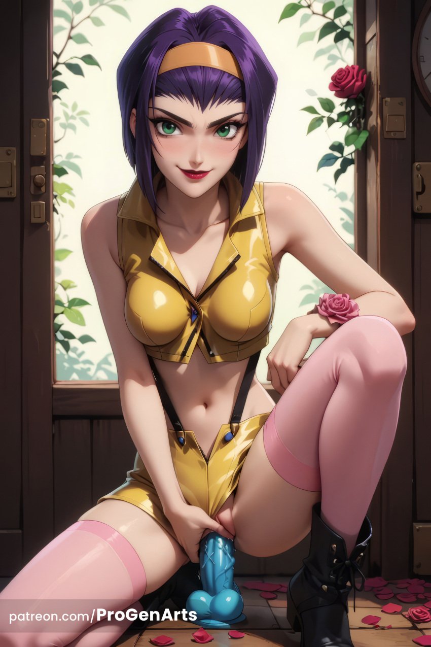 1girls ai_generated bare_arms bare_shoulders black_footwear boots breasts cleavage clock closed_mouth clothing_aside collarbone cowboy_bebop crop_top dildo dildo_in_pussy dildo_insertion dildo_riding faye_valentine female_masturbation flower green_eyes hairband hi_res lips lipstick looking_at_viewer makeup masturbation medium_breasts midriff navel no_panties object_insertion on_one_knee patreon_username petals pink_thighhighs progenarts purple_hair pussy pussy_juice red_lips rose sex_toy short_hair short_shorts shorts sleeveless smile solo suspender_shorts suspenders thighhighs uncensored vaginal_insertion vaginal_masturbation vaginal_object_insertion vaginal_penetration web_address yellow_hairband yellow_shirt yellow_shorts zipper