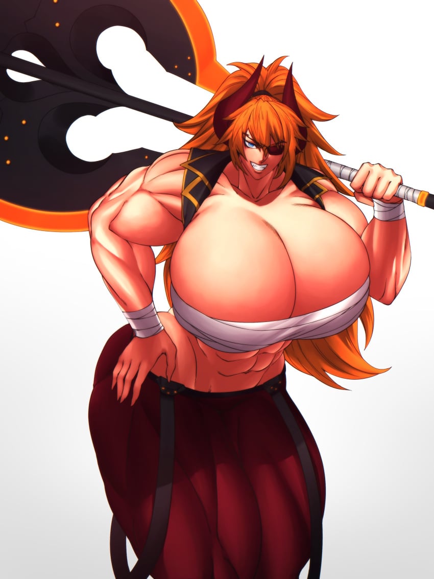 1girls abs axe bandage bandage_wraps beefy big_breasts blue_eyes breast_focus cleavage devil_horns double_bladed_axe enormous_breasts eyepatch fangs holding holding_weapon horns huge_breasts large_breasts large_weapon long_hair muscles muscular muscular_female muscular_legs namakiri orange_hair ponytail red_horns simple_background strong_arms strong_woman thick_thighs weapon wide_hips zesty_(zestyjesus) zestyjesus