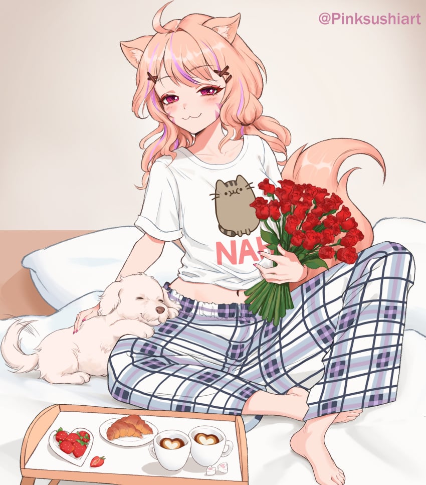 :3 ahoge animal animal_ear_fluff animal_ears bangs barefoot blush cake closed_mouth clothes_writing collarbone cup eyebrows_visible_through_hair feline female flower food fork fruit full_body hair_ornament hairclip holding indoors long_hair looking_at_viewer navel pants pillow pink_hair plaid plate red_flower red_rose rose shirt short_sleeves sitting smile solo squchan_(vtuber) strawberry striped tail twintails twitter_username virtual_youtuber vyugen white_shirt