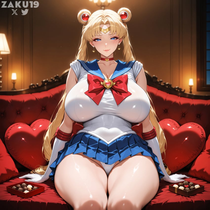 2025 ai_generated big_breasts blonde_hair blue blue_eyes female gloves hair_bun milf sailor_moon stable_diffusion thick_thighs usagi_tsukino valentine's_day voluptuous voluptuous_female white white_panties zaku19