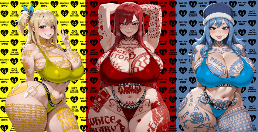 ai_generated alternative_version aluhay2 big_ass big_breasts bleachbunny bleachbunny_tattoo bleached bleached_background bleached_clothing blonde_hair blue_background blue_eyes blue_hair blue_ribbon blue_tattoo brown_eyes built_for_bwc colonized colored_background edit edited erza_scarlet fairy_tail hands_behind_head hips_wider_than_shoulders huge_ass huge_breasts juvia_lockser large_ass large_breasts large_thighs light-skinned_female light_skin long_hair lucy_heartfilia multiple_girls non-web_source peace_sign ponytail queen_of_hearts queen_of_hearts_symbol queen_of_hearts_tattoo race_traitor raceplay red_background red_hair red_tattoo smile smiling_at_viewer sticking_out_tongue tattoo tattoos themed_clothes underwear white_cock_only white_cock_only_tattoo white_man_only white_man_only_tattoo white_owned white_owned_tattoo wide_hips wmaf yellow_background yellow_tattoo
