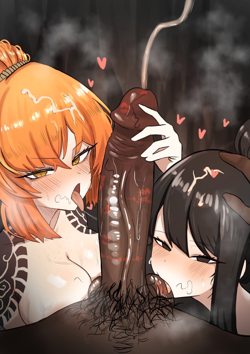 !!!_(artist) 1boy 2girls absurd_res balls big_breasts big_penis black_eyes black_hair blush breasts breasts_out cooperative_fellatio cum cumshot dark-skinned_male dark_skin fellatio female heart hi_res huge_cock ishmael_(limbus_company) large_breasts library_of_ruina licking licking_balls light-skinned_female light_skin limbus_company looking_at_viewer male male_pov oral orange_eyes orange_hair penis pov project_moon pubic_hair sayo_(library_of_ruina) tattoo uncensored