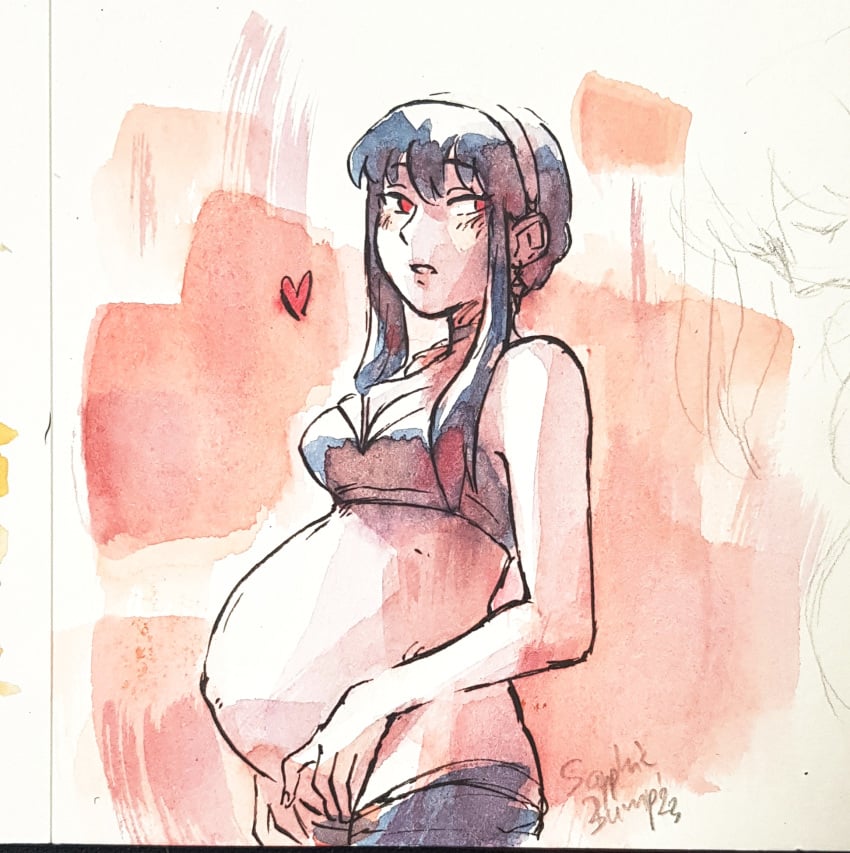 1girls big_belly black_hair bloated_belly blush cleavage clothed clothing female female_only navel outie_navel pregnant red_eyes sapphicbump sketch_lines spy_x_family yor_briar