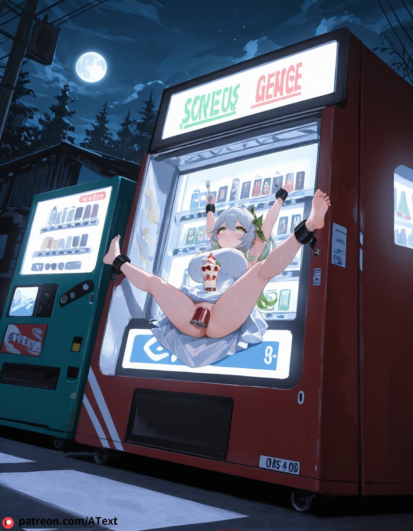 ai_generated arms_restrained beautfiul_background fork full_moon huge_breasts nahida_(genshin_impact) rolling_eyes snowy spoon spread_legs stormy straight_legs stunning_backgroud sundae tip_toe vending_machine wedding_dress white_dress woman_stuck_inside_arcade_game