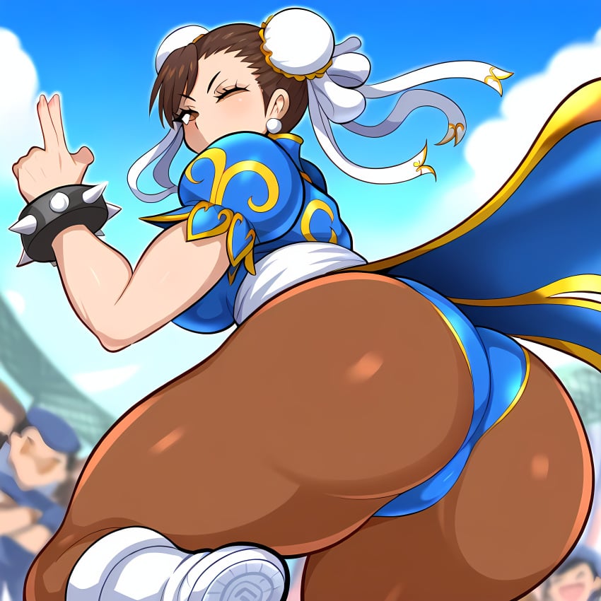 1girls ai_generated ass big_ass capcom chun-li crowd female huge_ass mullon novelai peace_sign street_fighter video_game_character