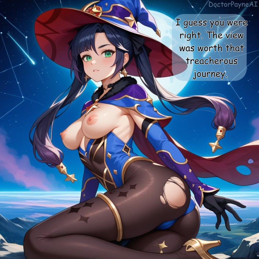 ai_assisted ai_generated comic dark_hair dialogue doctor_payne english_text exposed_breasts female genshin_impact leggings leotard mage mona_(genshin_impact) mona_megistus purple_hair solo solo_focus stargazing stars thighlet torn_clothes twintails witch_hat