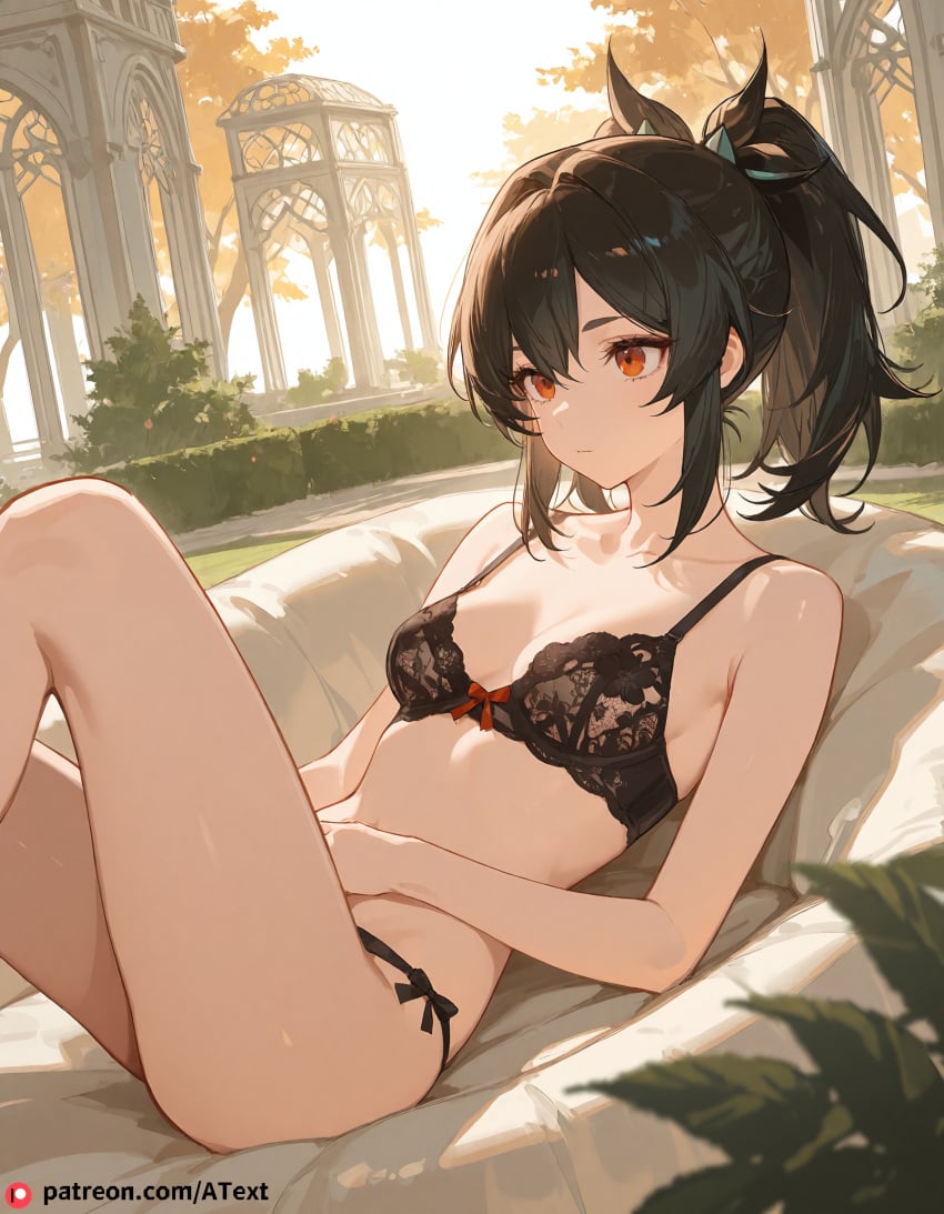 ai_generated beautfiul_background botanical_garden dim_candlelight lace_lingerie nude_reclining qingyi_(zenless_zone_zero) small_breasts stunning_backgroud tear