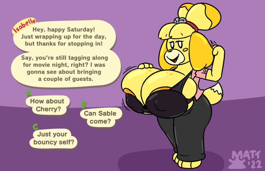 animal_crossing bra canine dialogue huge_breasts isabelle_(animal_crossing) mattthetooncat