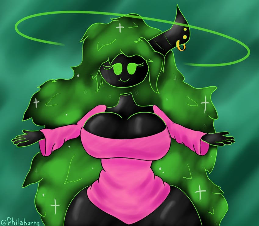 5_fingers anthro big_ass big_breasts black_body breasts cross dot female female_only gloriole glowing_hair glowing_markings green_eyes horn long_hair looking_at_viewer no_neck original_character philahorns pink_shirt ring ring_on_horn smile smiling_at_viewer spread_arms tagme