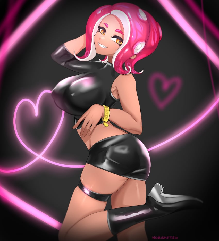 1girls 2d agent_8_(octo_expansion) agent_8_(splatoon) big_breasts exposed_midriff female female_focus female_only heart heart_background heel_boots large_breasts leather_clothing looking_at_viewer midriff midriff_baring_shirt miniskirt nintendo nintendo_switch nipple_bulge nipple_outline norishiitsu octoling octoling_girl one_leg_up one_sleeve pink_eyebrows pink_hair sexy solo_female splatoon splatoon_(series) splatoon_2 splatoon_2:_octo_expansion sugestive_pose tagme tanned_female tanned_skin tentacle_hair thigh_band unusual_hair yellow_eyes