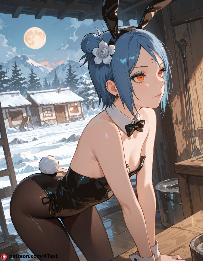 (labret_piercing:1.2) (orange_eyes:1.2) ai_generated beautfiul_background bent_over blue_hair bunnysuit eyeshadow flat_chest flower full_moon glistening_snow hair_flower hair_ornament kind_smile konan_(naruto) short_hair snowy stunning_backgroud workshop