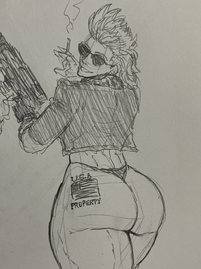 american_flag american_flag_tattoo back_view bubble_butt cigarette dat_ass fat_ass female female_only gun half-dressed humble_shark large_ass massive_ass mia_shepherd sketch solo_female sunglasses tattoo thong traditional_media_(artwork)