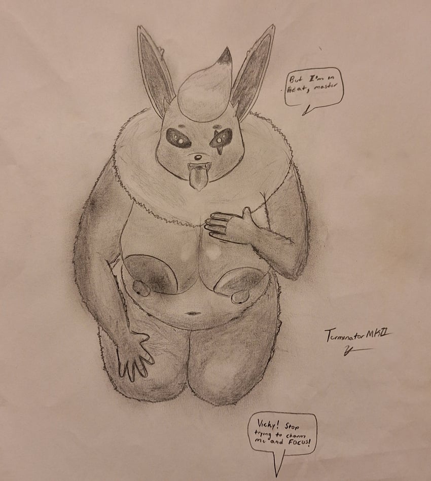 σ_victoria amputee anthro big_breasts chubby chubby_female eeveelution fat flareon pokemon terminatormkii traditional_media traditional_media_(artwork)