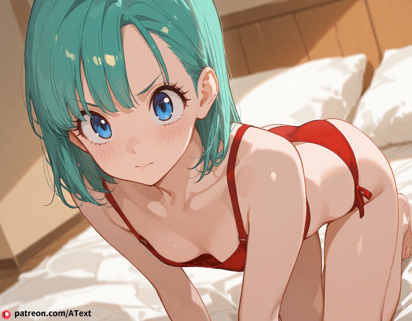 ai_generated bulma bulma_(dragon_ball) bulma_briefs chart dragon_ball flat_chest frustrated_brow kneeling