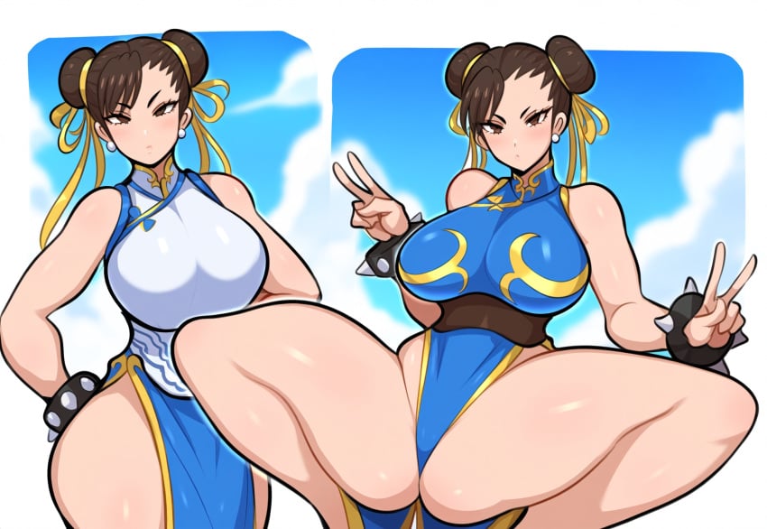 1girls ai_generated big_breasts capcom chun-li curvy female huge_breasts large_breasts mullon novelai peace_sign street_fighter street_fighter_6 thick_thighs video_game_character